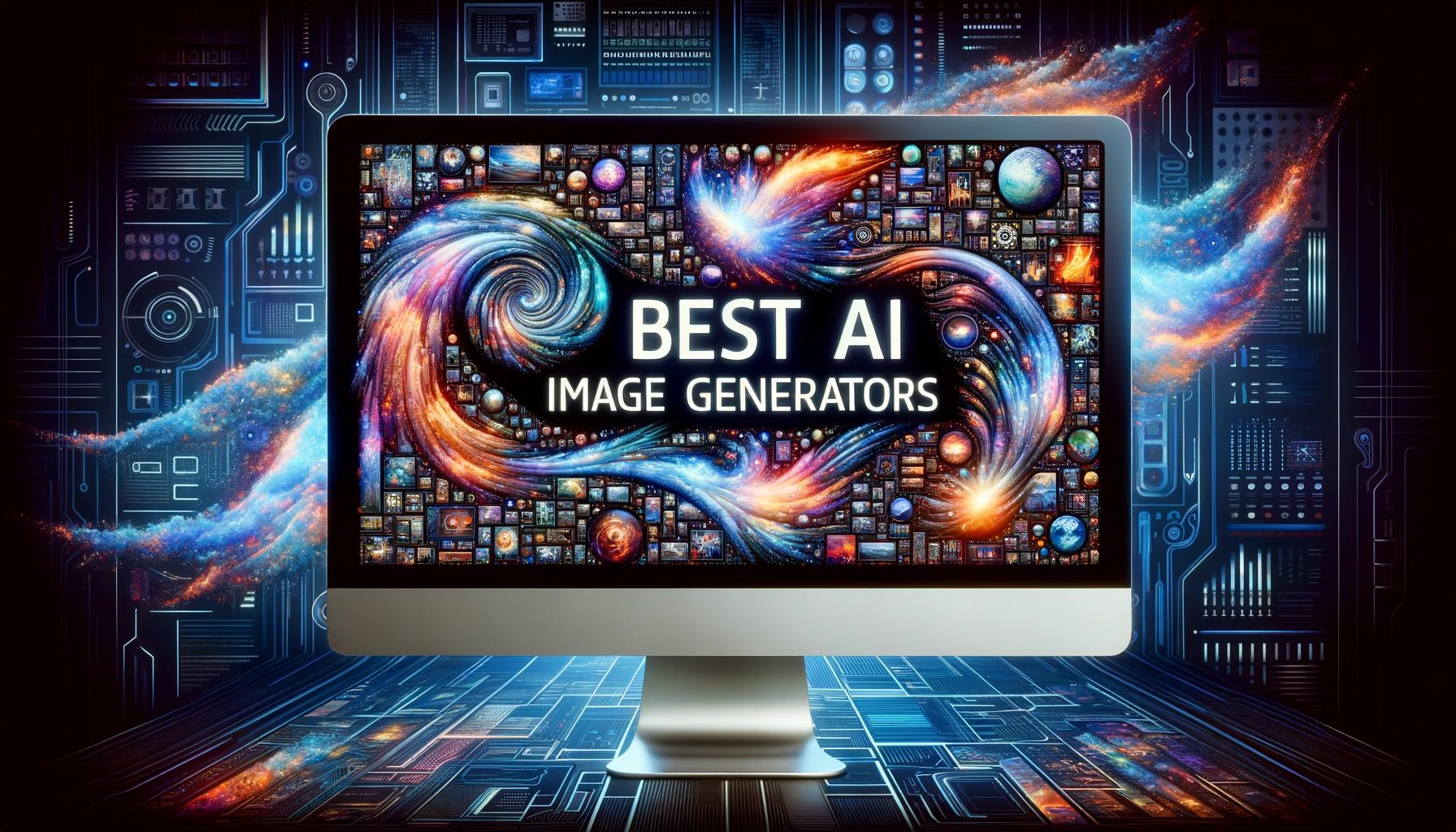 An eye-catching and futuristic computer screen displaying a variety of AI-generated images, with the text 'Best AI Image Generators' prominently featured.
