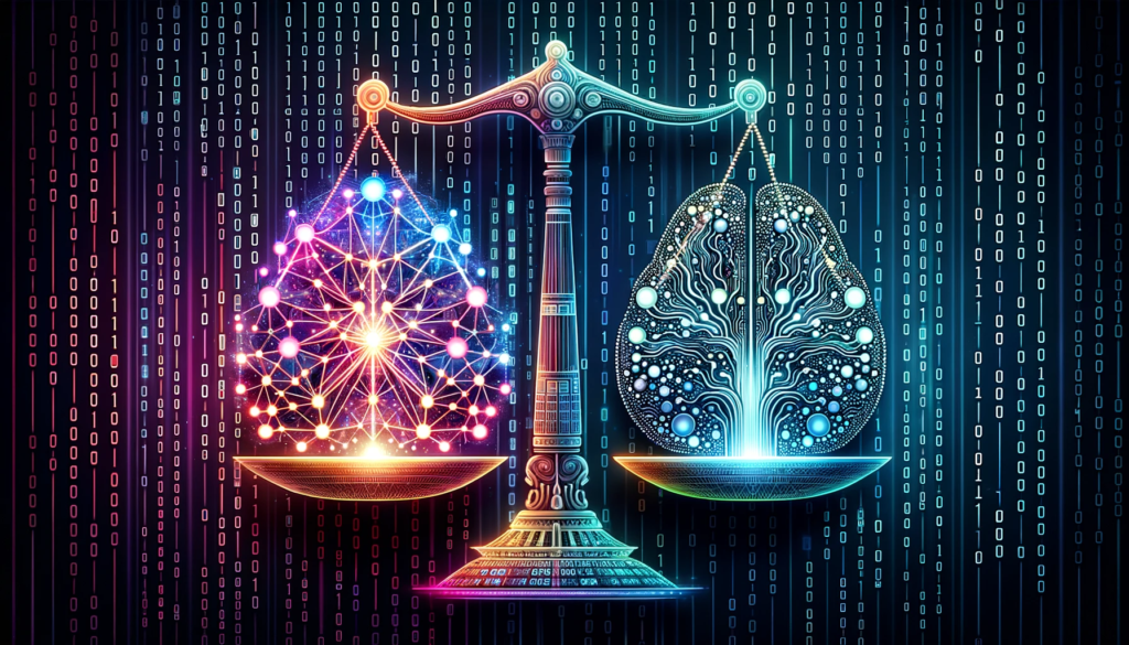 Digital scale balancing neural network and traditional algorithm, symbolizing the distinctions between deep learning and machine learning.