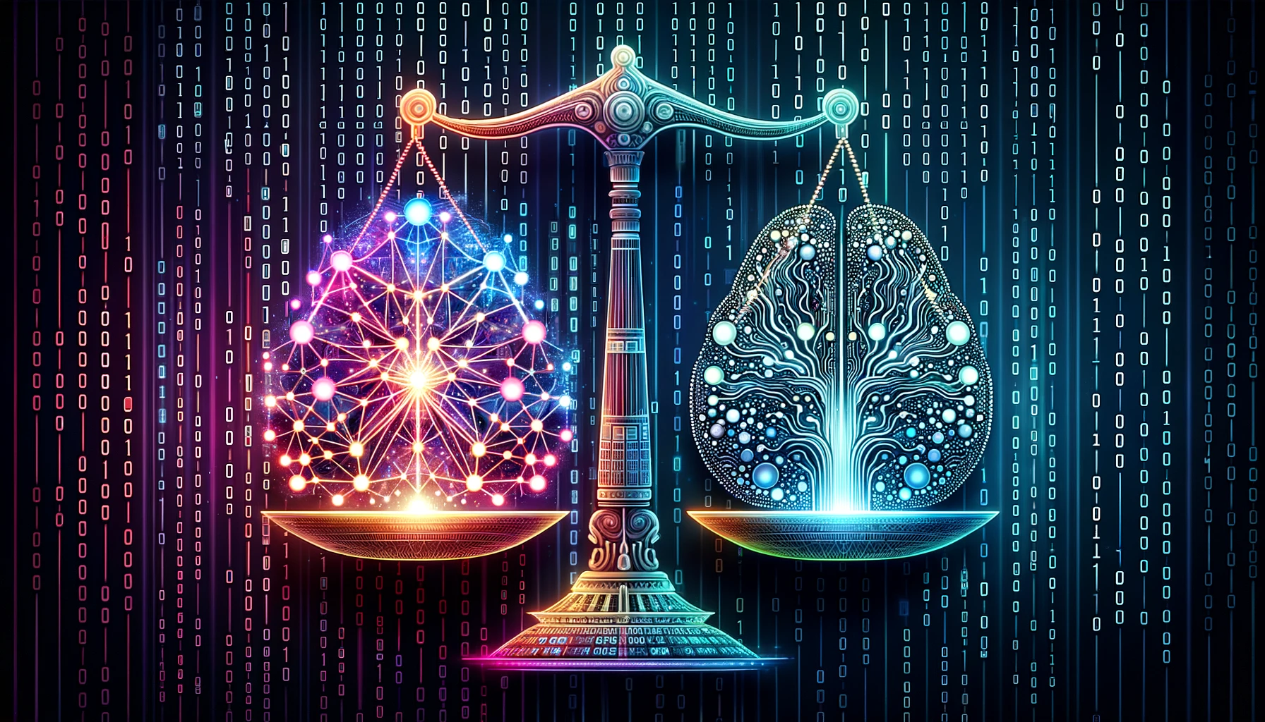 Digital scale balancing neural network and traditional algorithm, symbolizing the distinctions between deep learning and machine learning.
