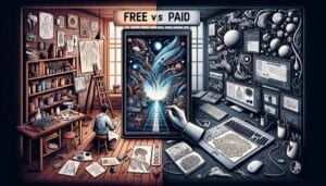 Split-screen comparison between traditional art studio and digital AI workspace for free vs paid AI image generators.