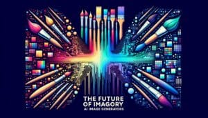 A sleek digital canvas with brushes and color palettes transforming into pixels and code, accompanied by the text 'The Future of Imagery: AI Image Generators.