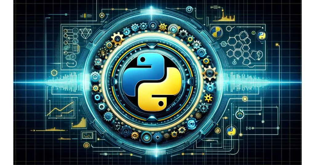 Illustration of Python logo with machine gears and digital circuits representing AutoML and Python synergy in machine learning